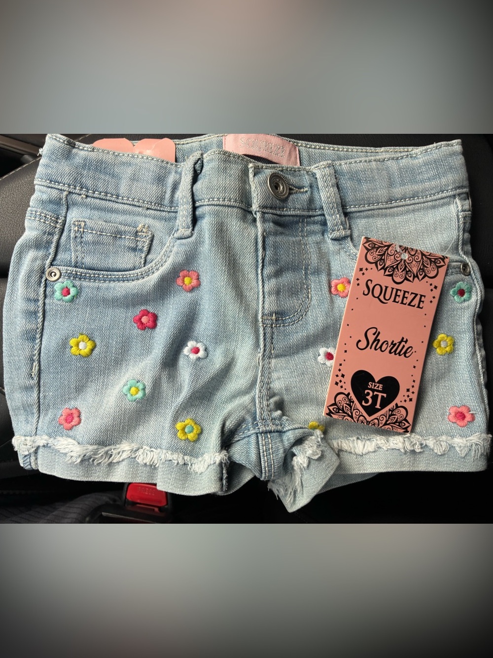 Girls' Light Wash Denim Shorts with Embroidered Flowers - 3T